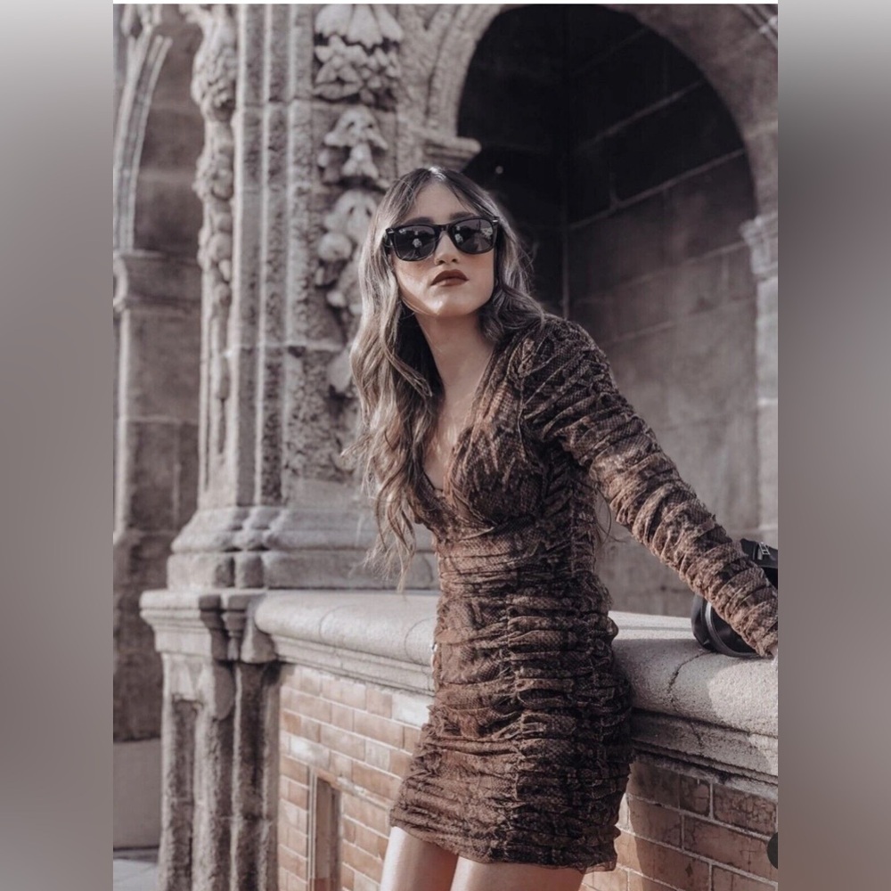 Zara Dress Draped Tulle Mini Long Sleeve in Snakeskin Brown Size S New